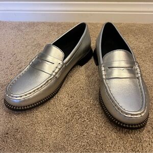 Freda Salvador Elba Penny Loafer Silver Metallic Calf Size 10
